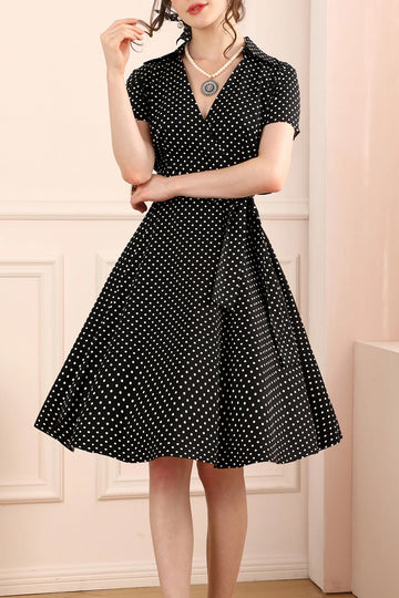 Black White Small Dots V-neck Dress